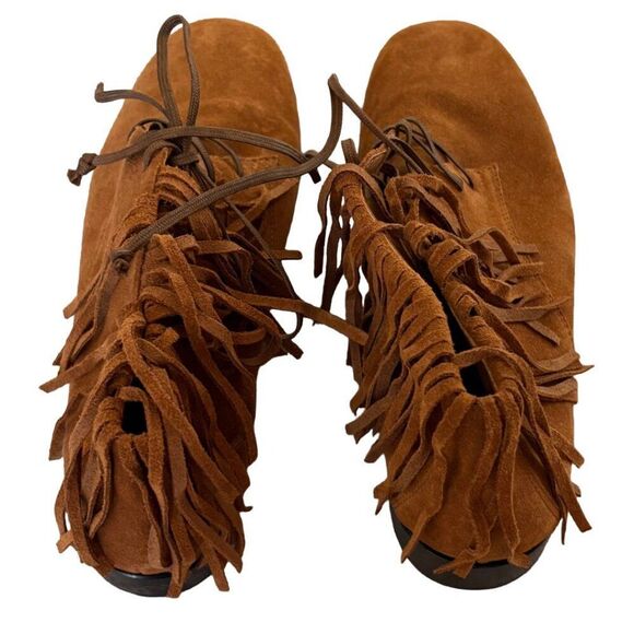 NewbarK Jamie Mocha Split Suede Fringe Lace-Up Ankle Bootie Women’s Size 8.5 - Picture 3 of 6